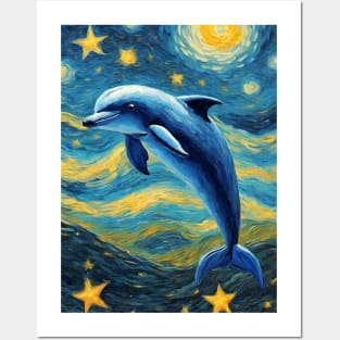 Adorable Dolphin Animal Painting in a Van Gogh Starry Night Art Style Posters and Art